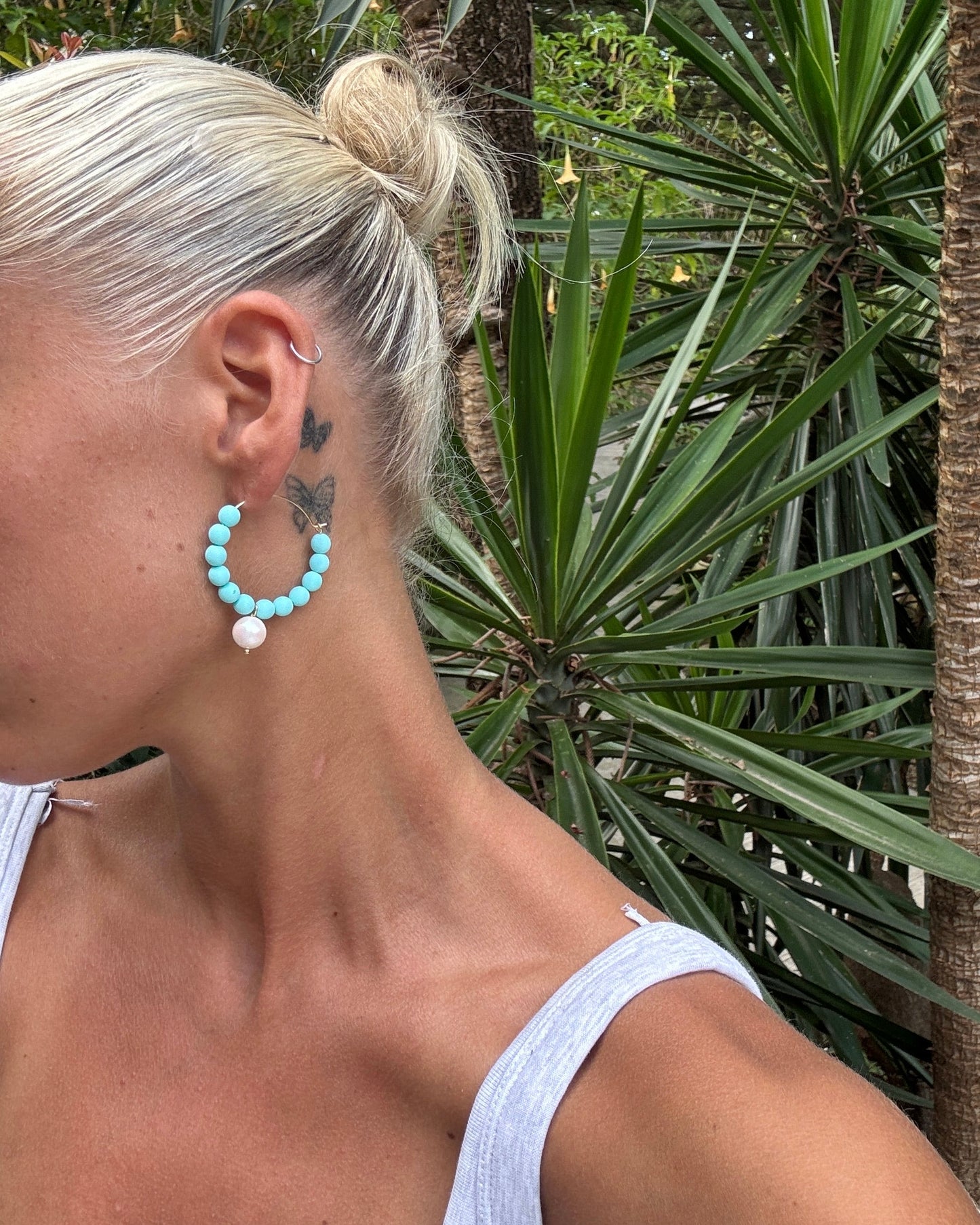Colour Queen softest aqua crystal pearl drop hoops