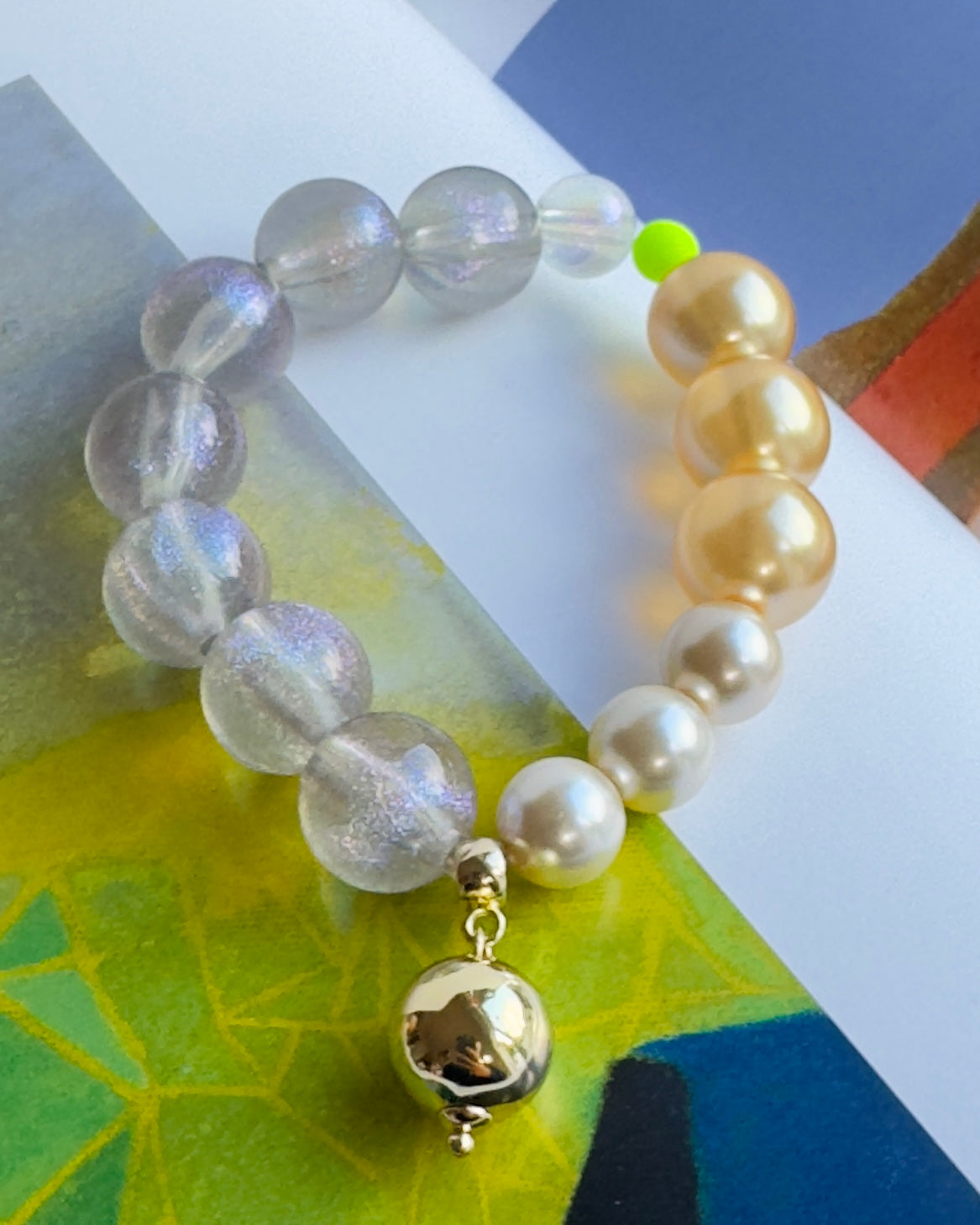 Cherry bomb soft iridescent gold crystal,pearl beaded bracelet, gold filled drop charm