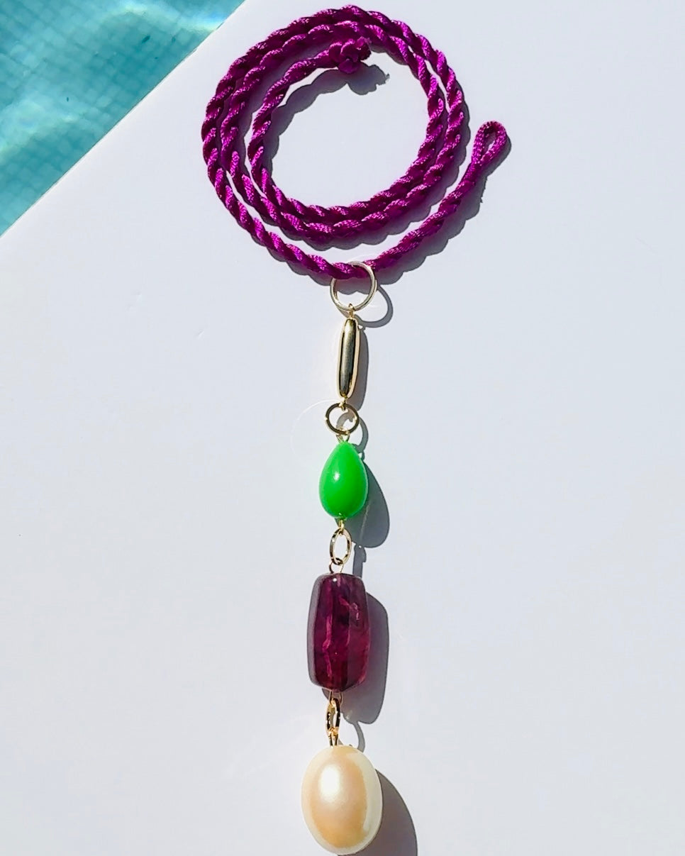 Santia magenta silk cord, Japanese vintage pearl, crystal, gold pendant necklace
