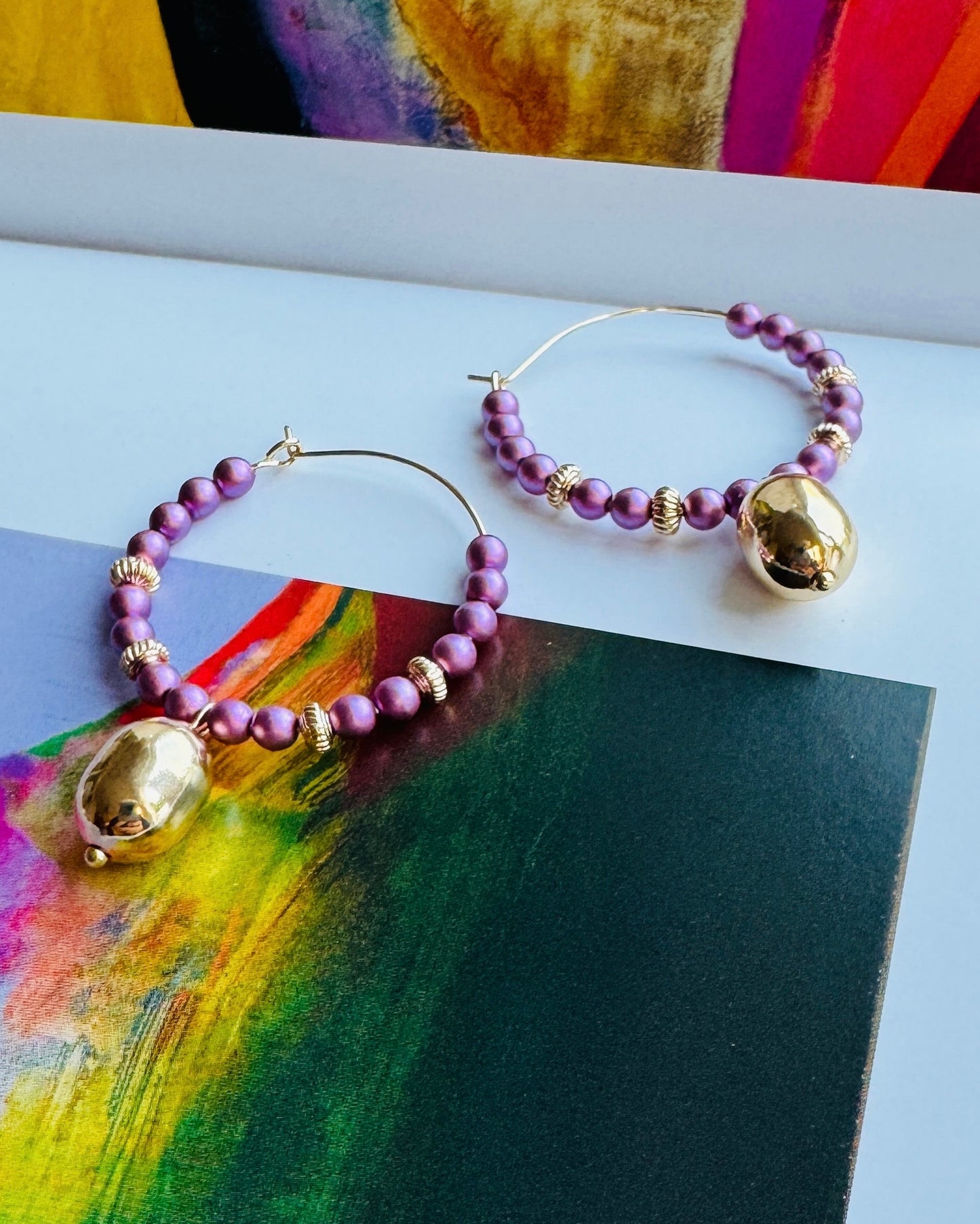 Popsie pie grape crystal pearl gold drop hoops