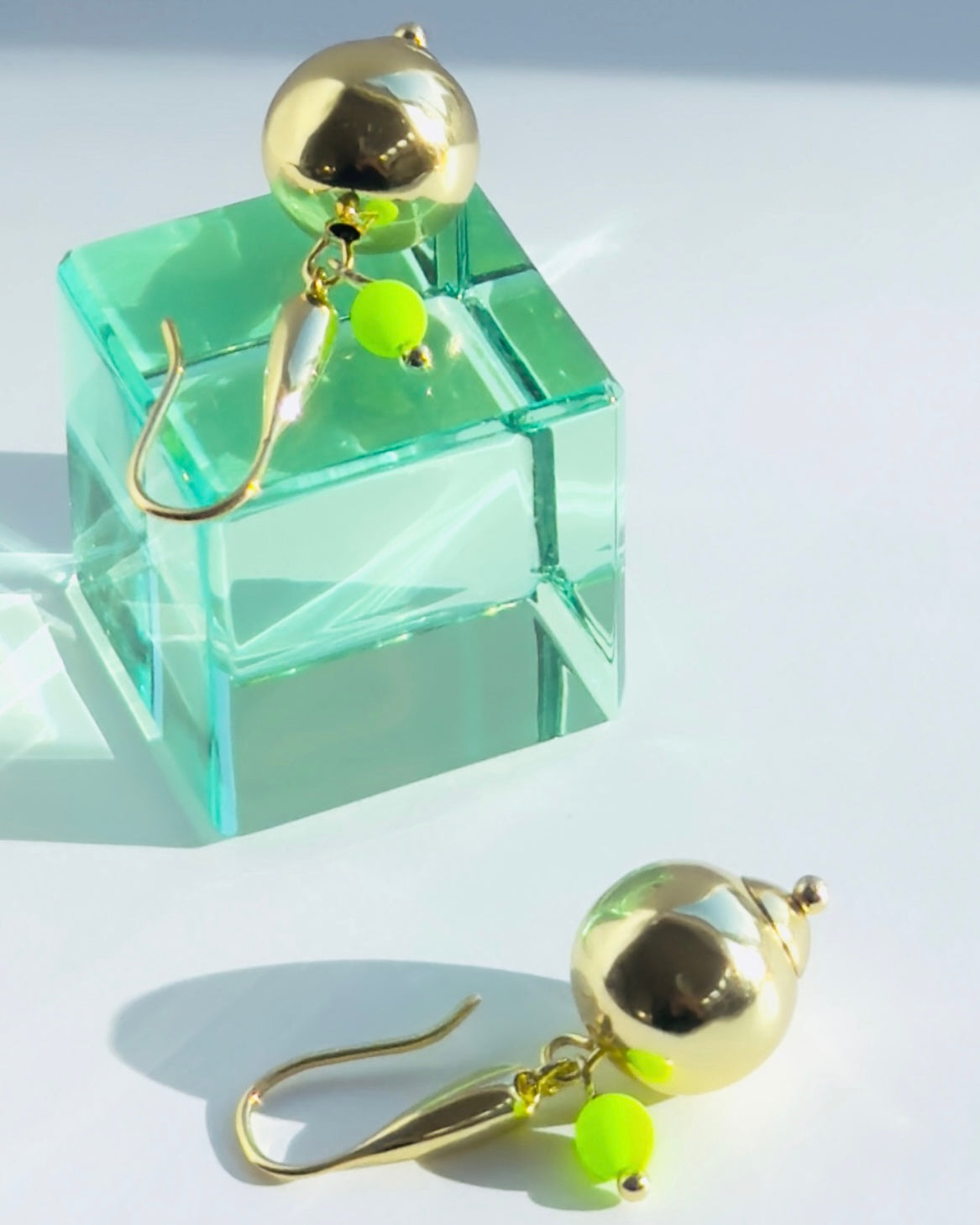 Roxie belle gold drop earrings, neon green charm