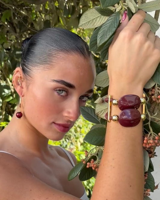 Tilda sheer burgundy handmade crystal pearl + gold drop earrings