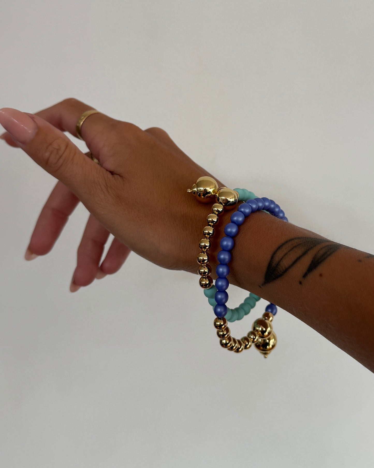 Fifi bijou royal blue crystal pearl gold bracelet, gold drop charm