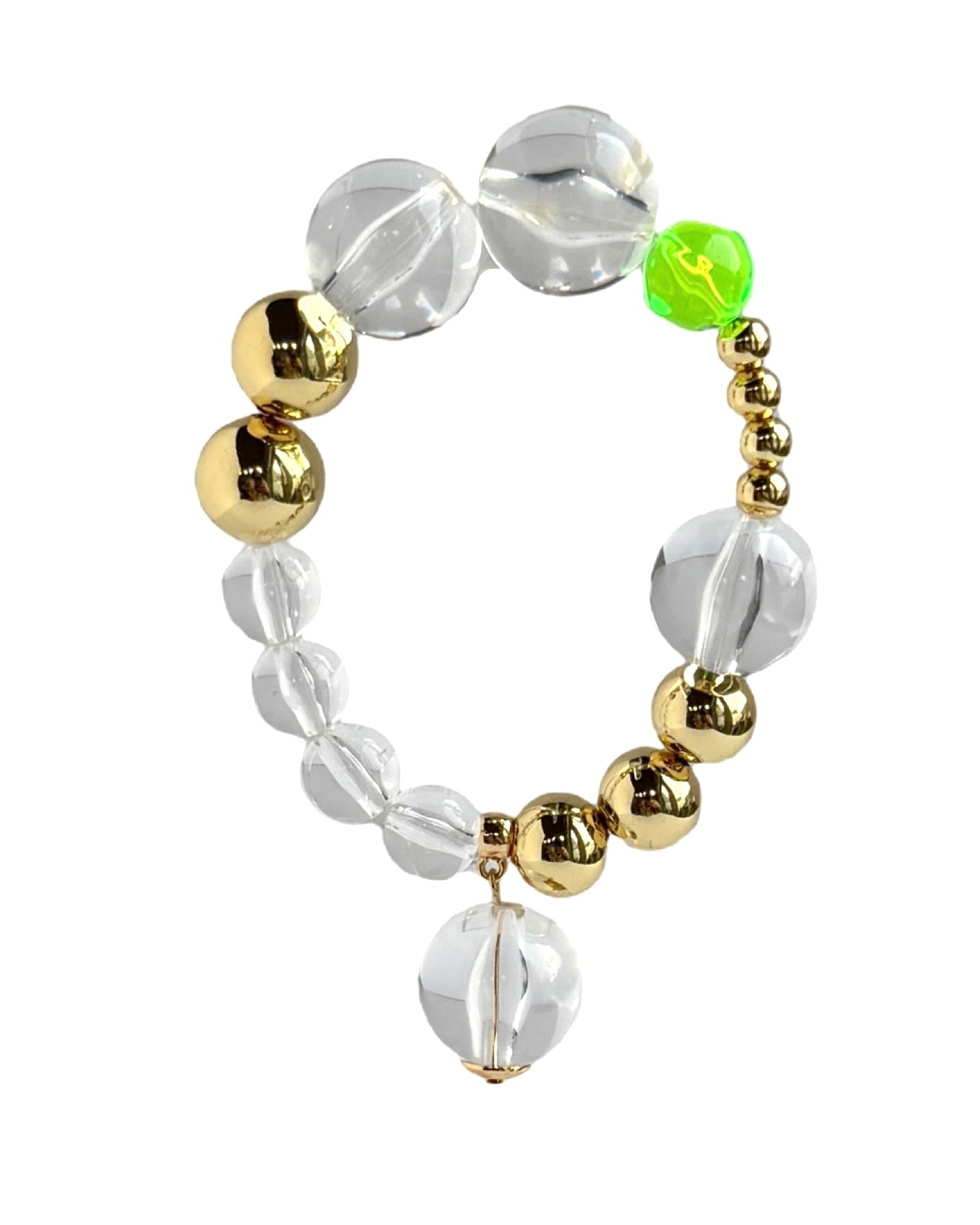 Baby bell neon green vintage, lucite + gold beaded bracelet