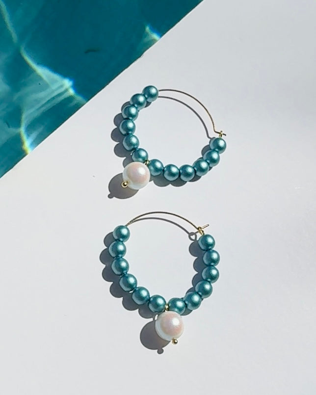 Candy land petrol blue crystal pearl drop hoops