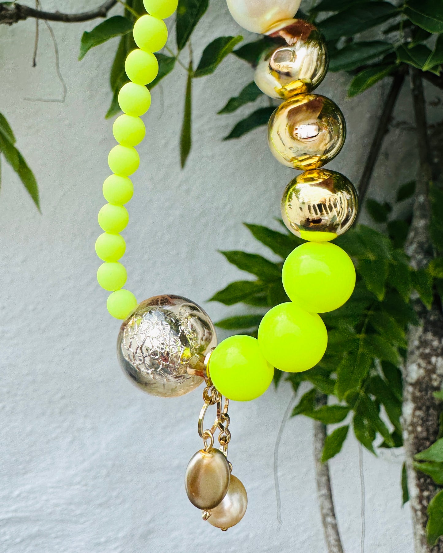 Neona lemon twist, crystal, gold, pearl bracelet, drop charms