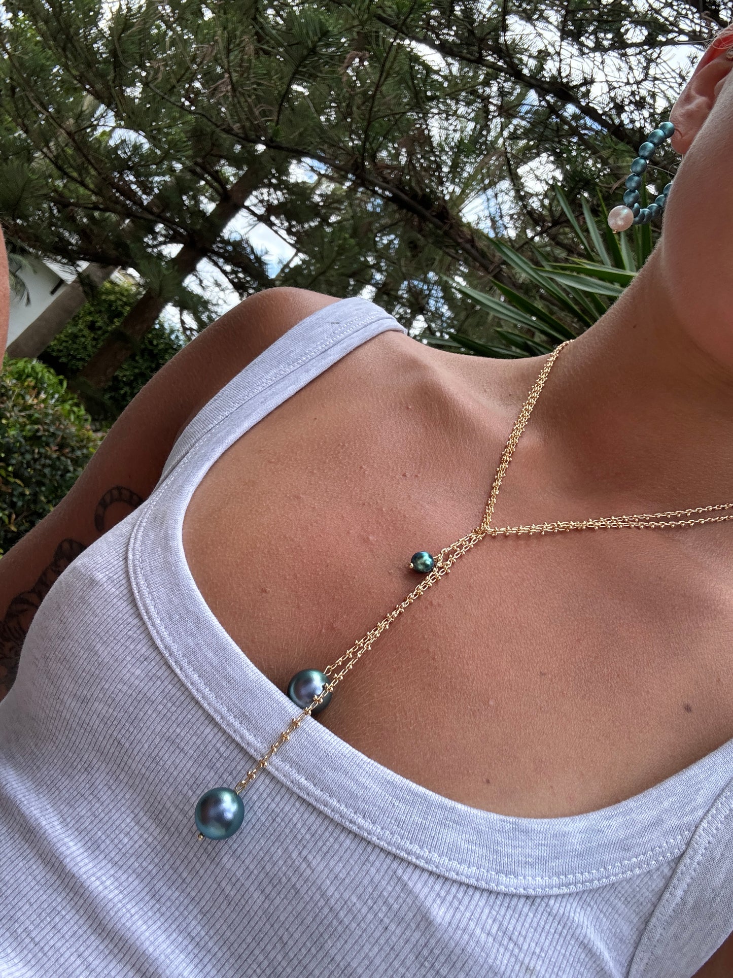 Lia multi wear 14k gold filled + petrol crystal pearl drop pendant