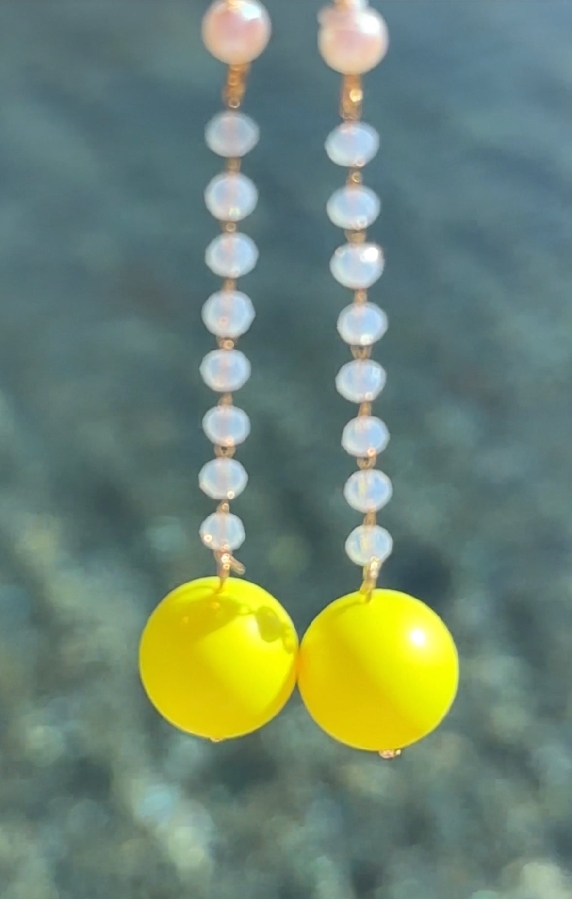 Lila white opal + neon yellow crystal pearl drop earrings