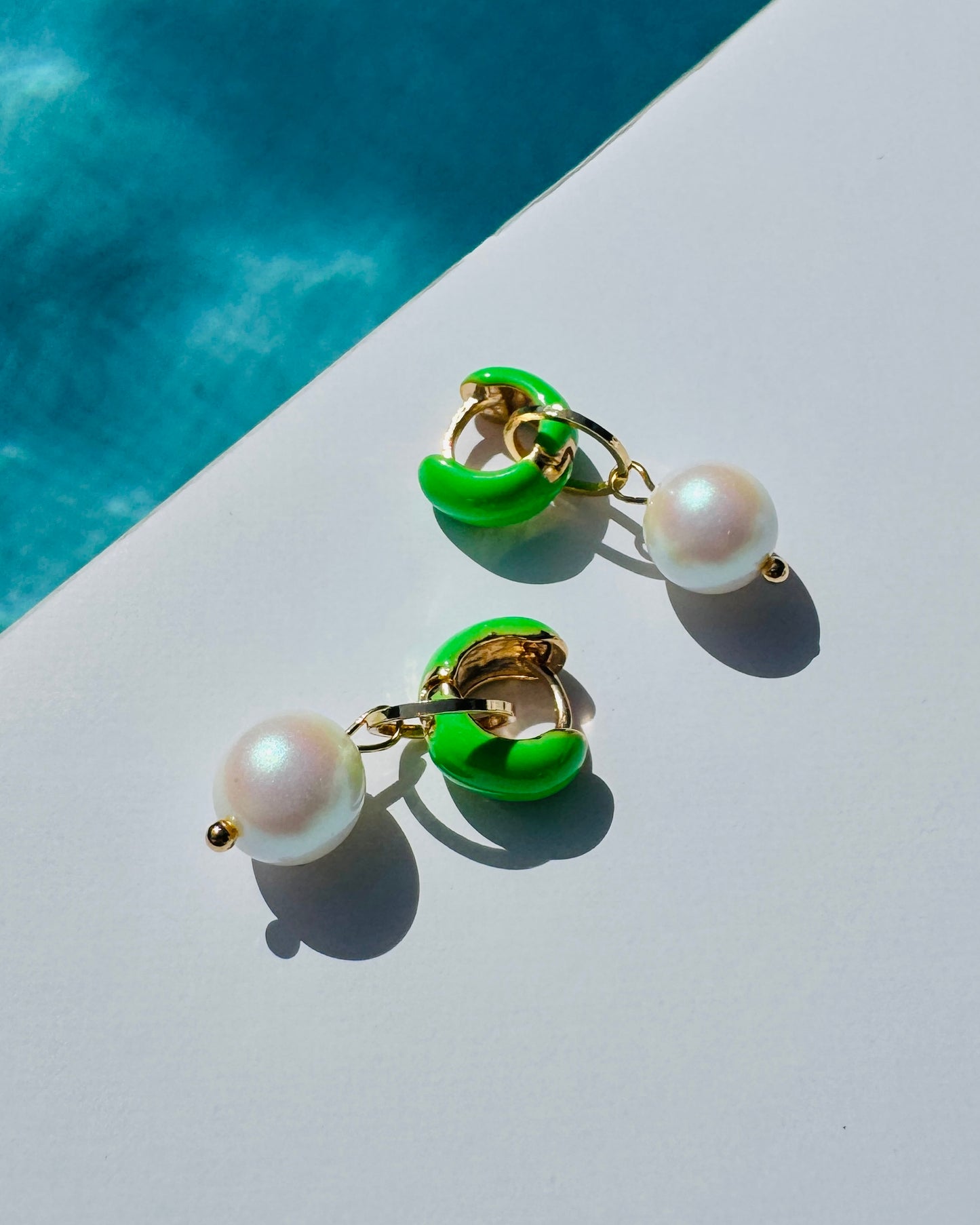 Gold filled neon green baby Huggies, crystal pearl charms