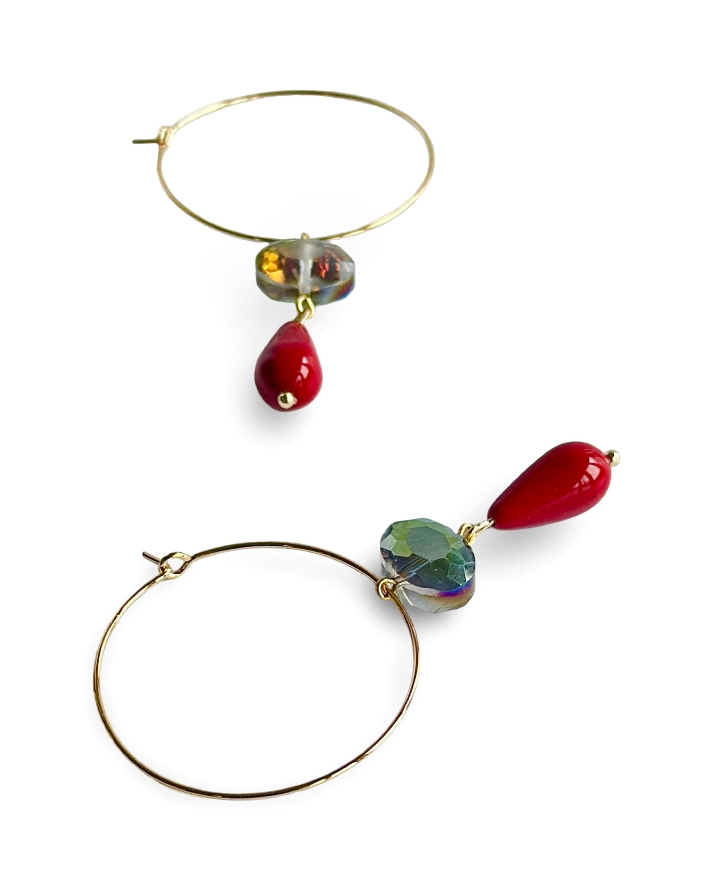 Red pearl + crystal drop hoop earrings