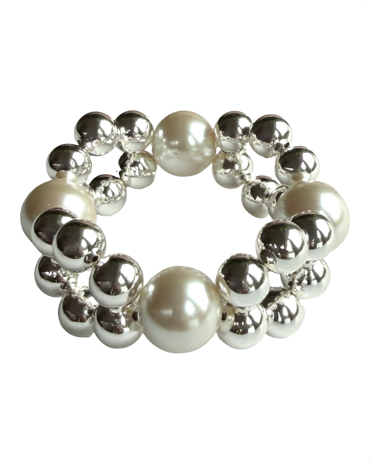 LOVE Beth Silver Moon double strand bracelet with oversized pearl beads and polished silver tone beads on a white background.