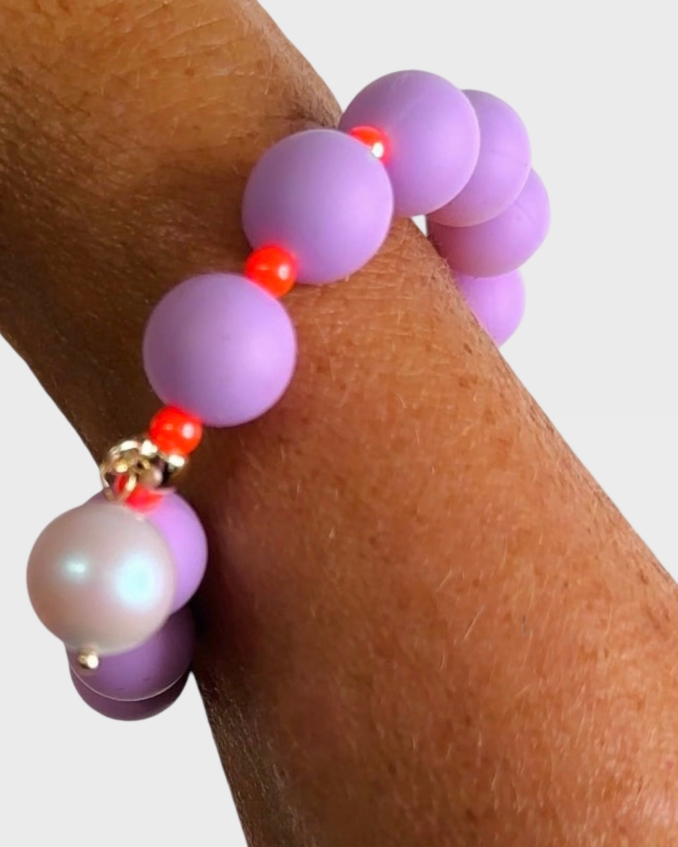 Beau lilac + neon orange beaded bracelet, Austrian crystal drop charm