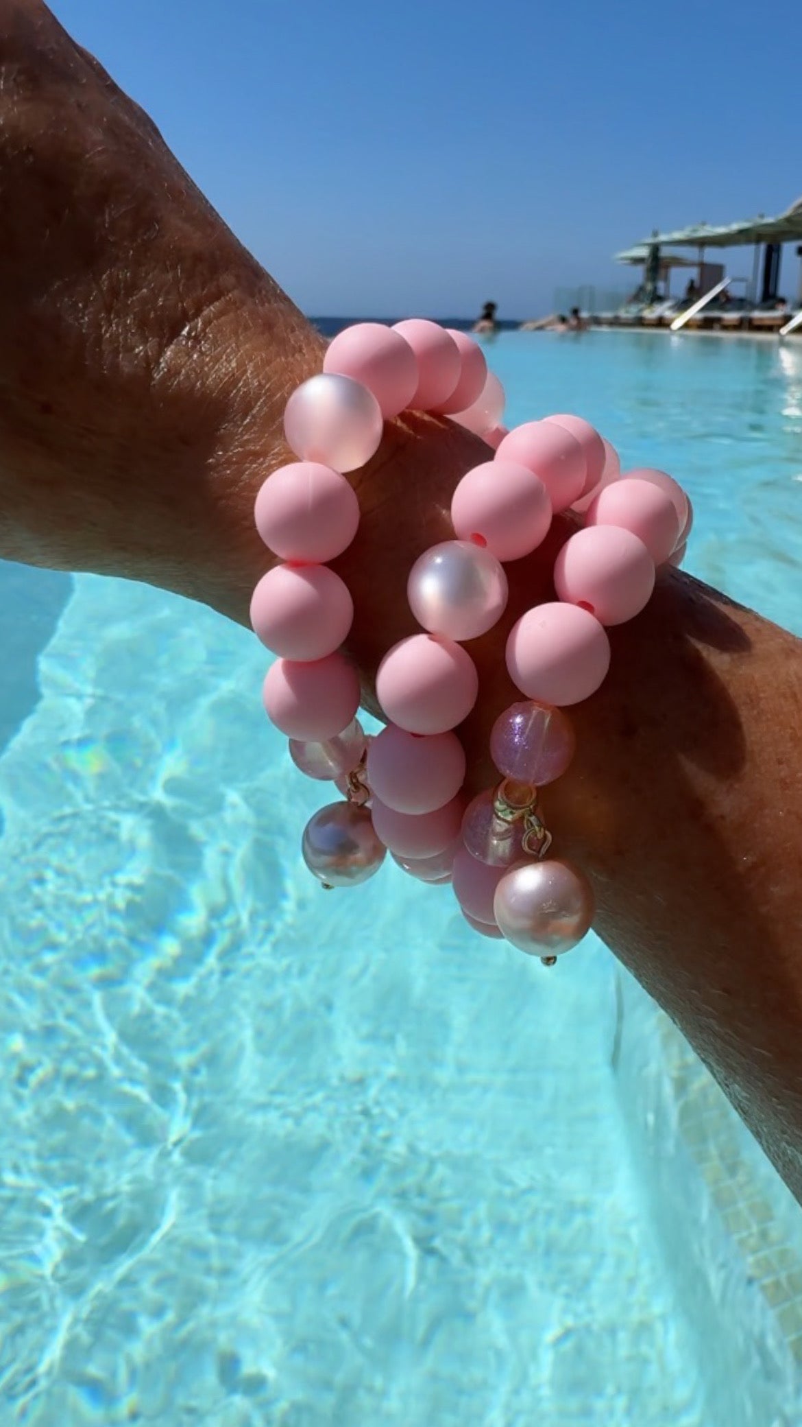 Crumpet pink petal beaded bracelet, crystal pearl charm