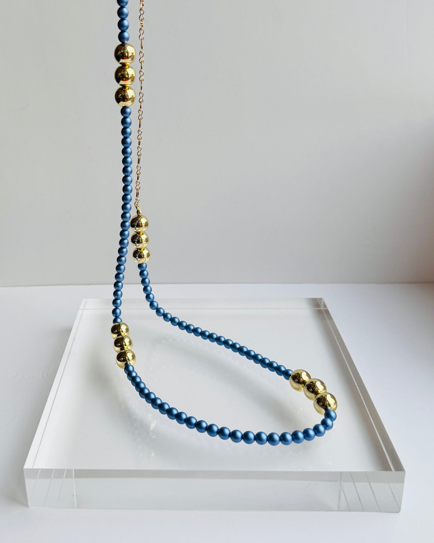 Barberella royal blue crystal pearl gold long multi wesr necklace