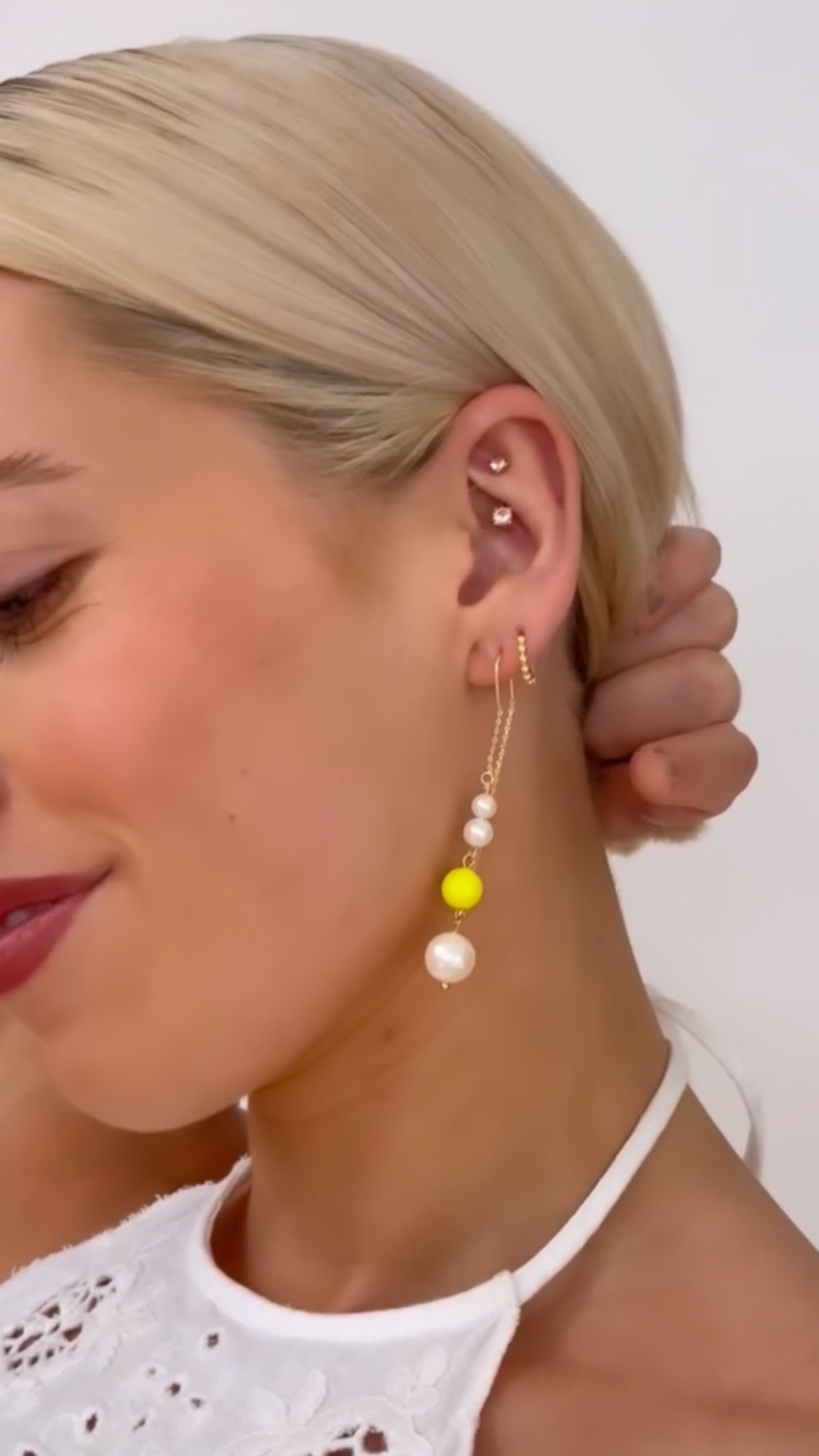 Cascade pearl + neon yellow drop earrings