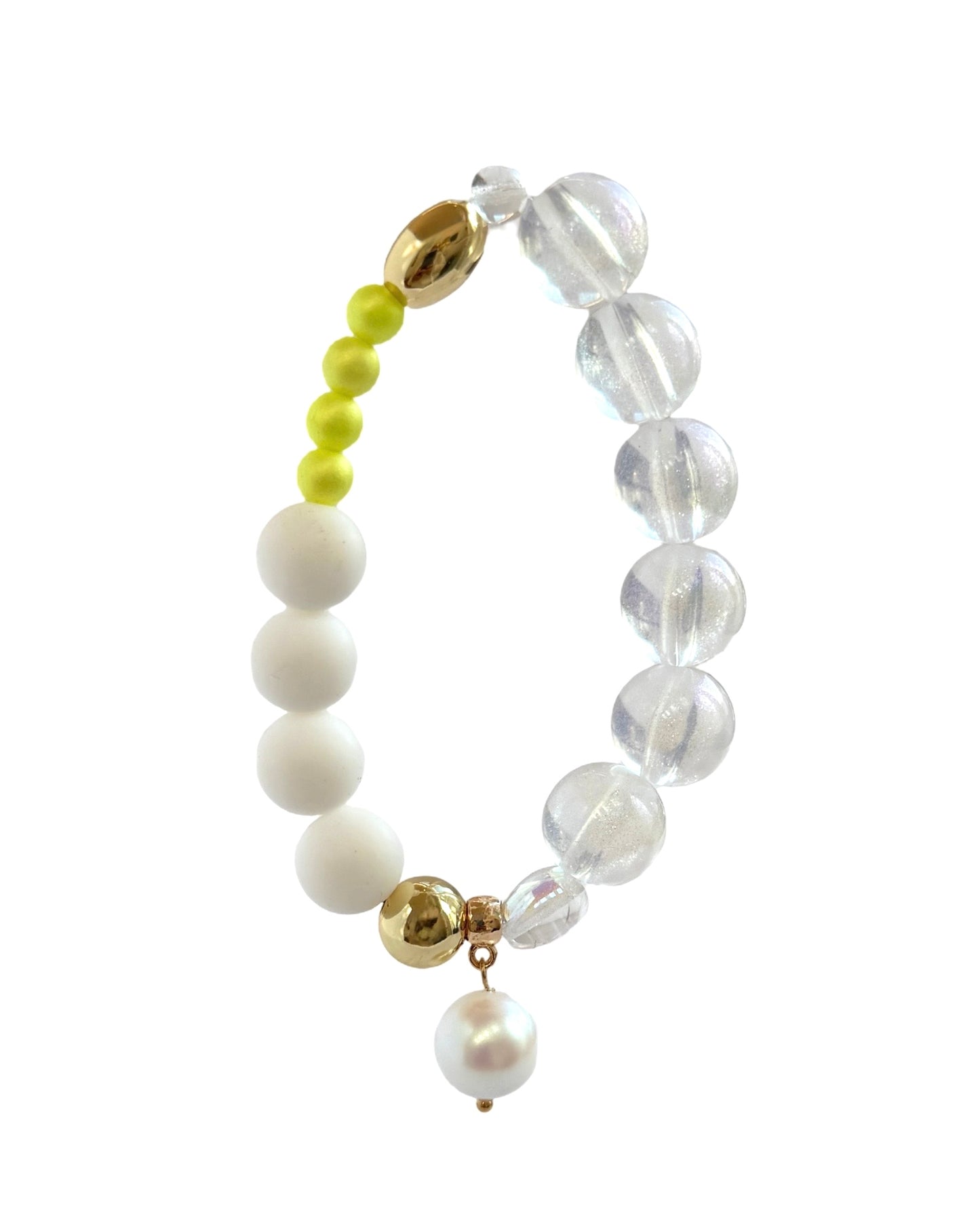 Tweety pie snowdrop, neon pop gold, crystal beaded bracelet, drop crystal pearl charm