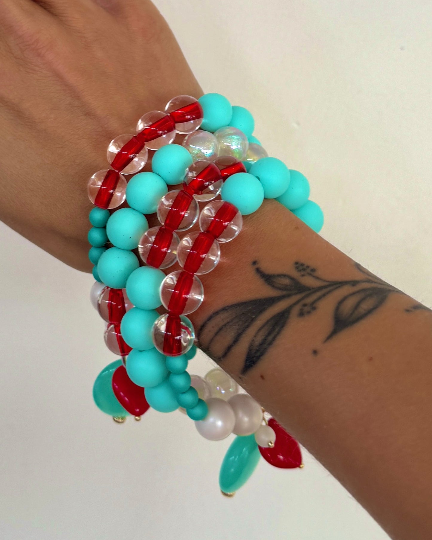 Caribbean queen turquoise, red, white beaded multi charm bracelet