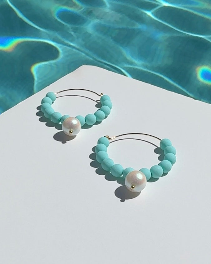 Colour Queen softest aqua crystal pearl drop hoops