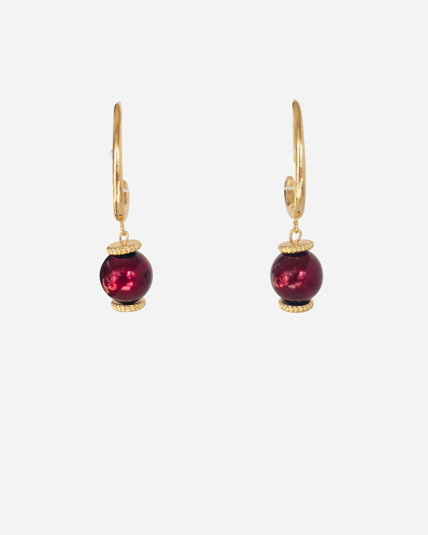 Tilda sheer burgundy handmade crystal pearl + gold drop earrings