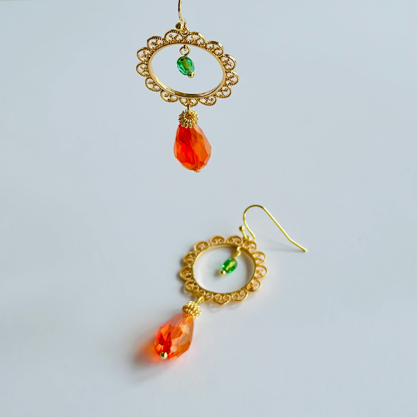 Tangerine + green crystal drop filigree earrings