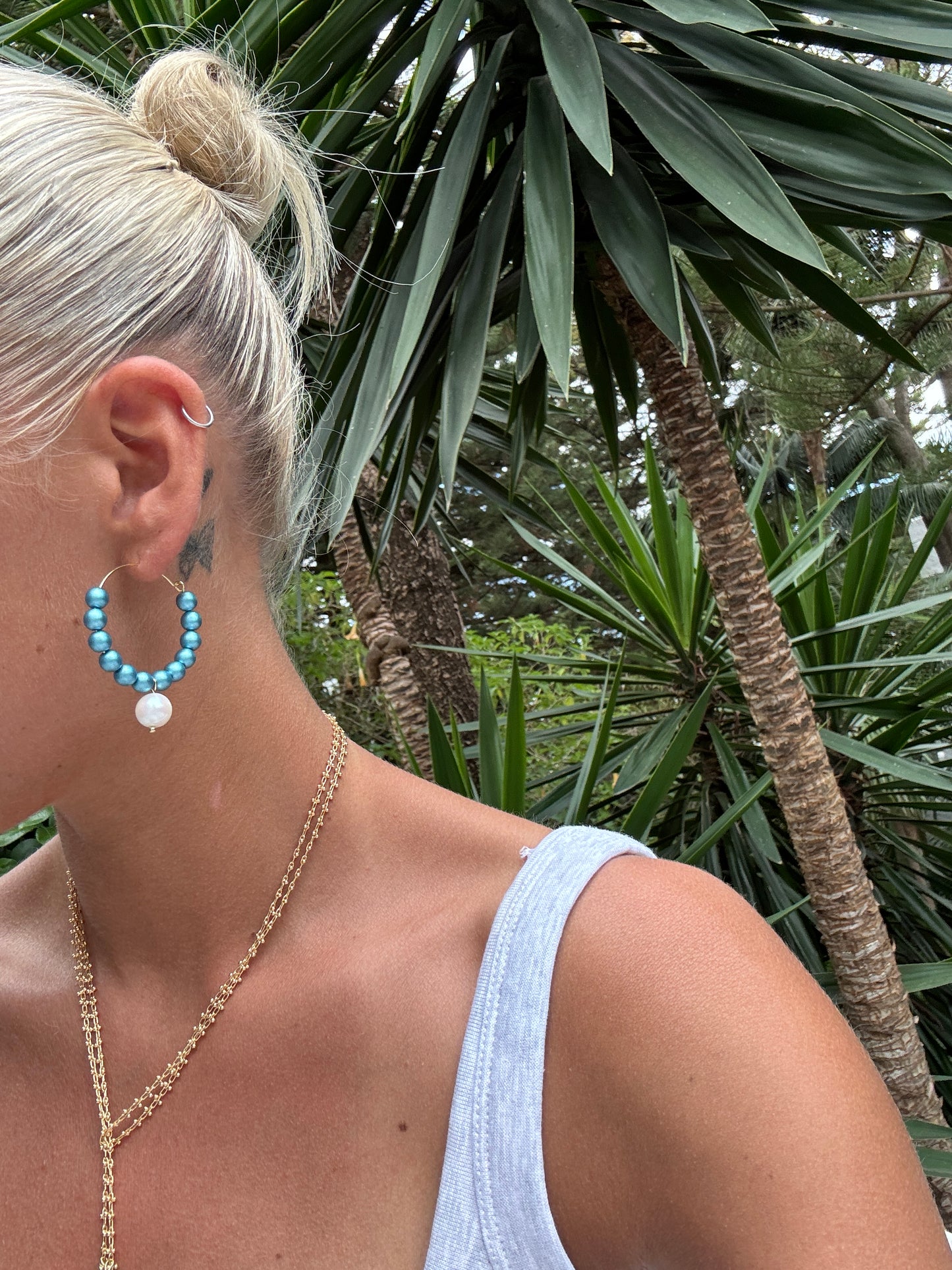 Candy land petrol blue crystal pearl drop hoops