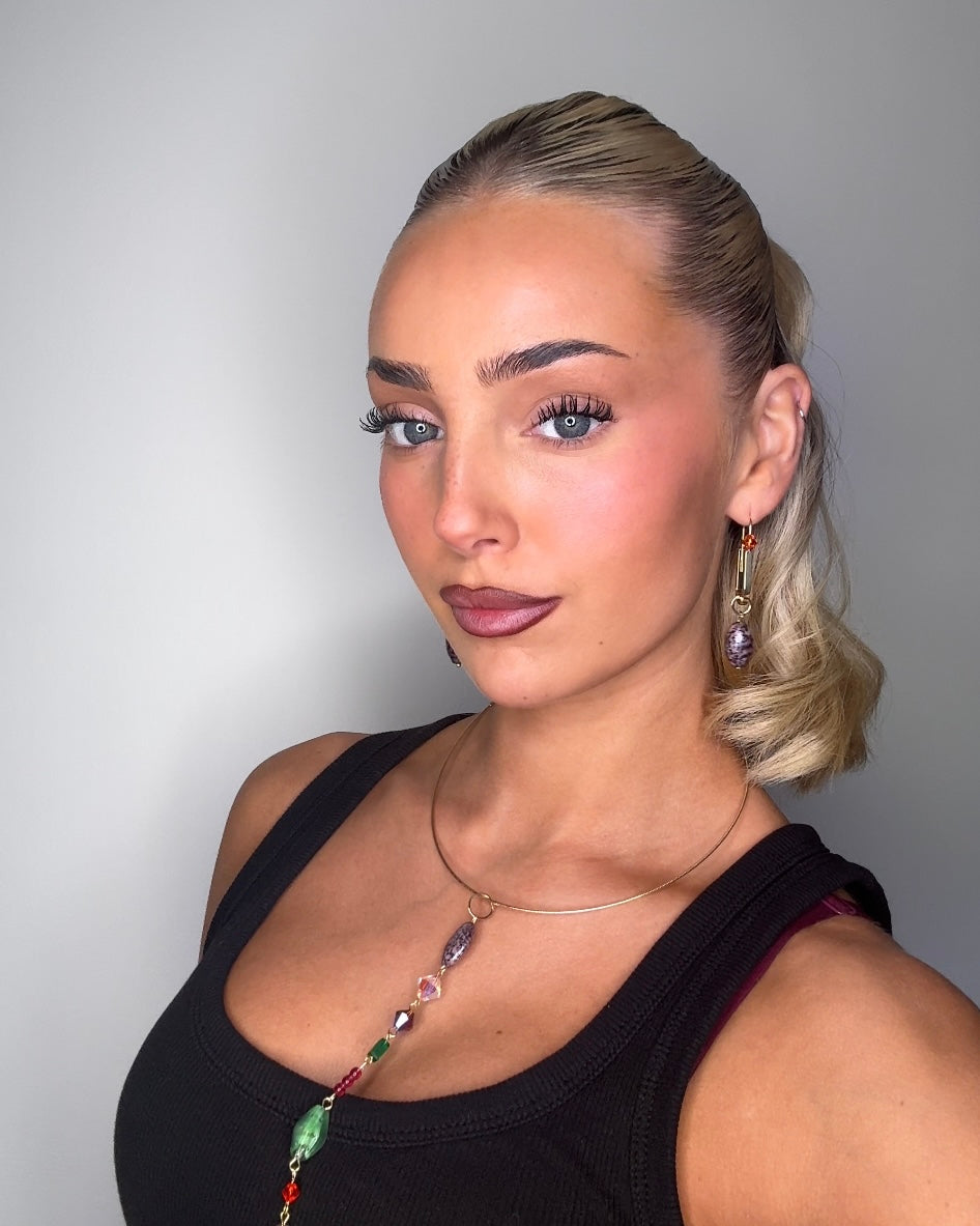 Charlotine Amber Crystal, gold + crystal pearl drop earrings