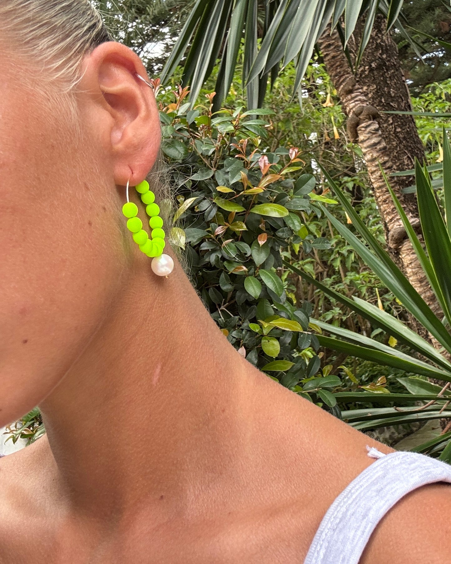 Candy Land lime + white crystal pearl drop hoops