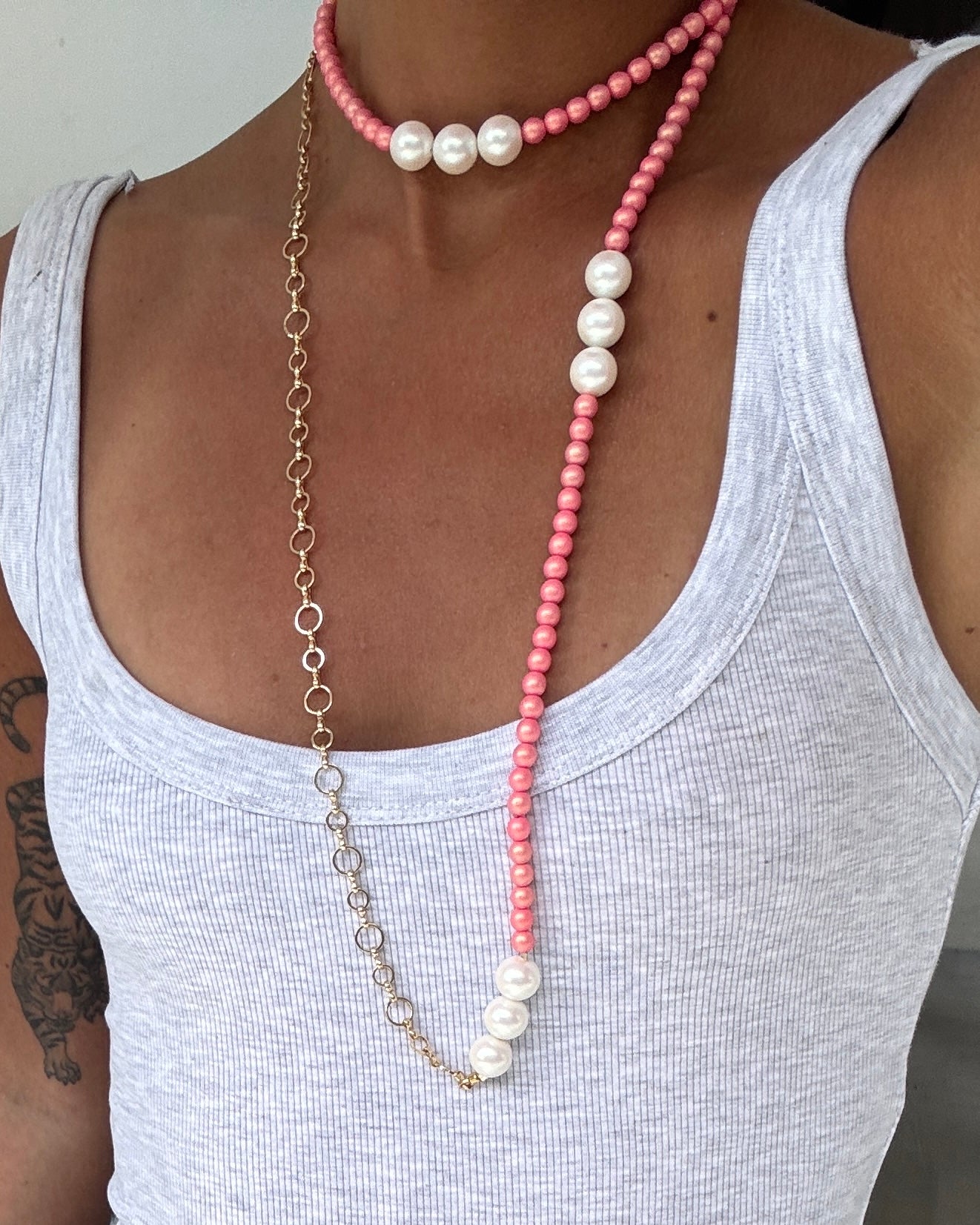 Barbarella soft pink + white crystal pearl + gold filled wrap long necklace