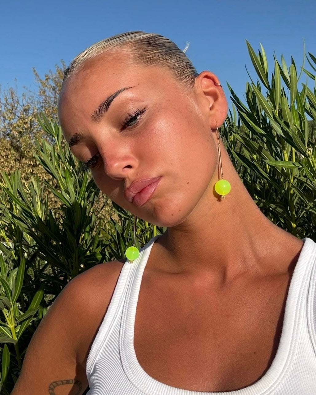 Disco pop vintage neon yellow beaded drop earrings