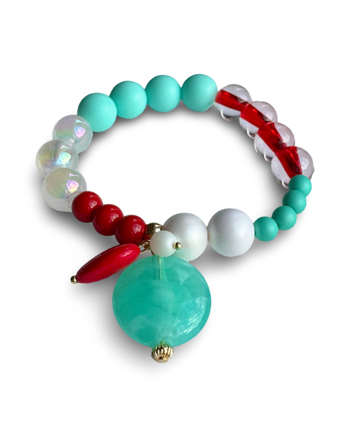 Caribbean queen turquoise, red, white beaded multi charm bracelet