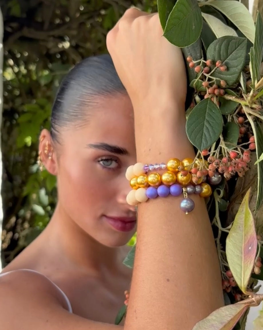 Golden crunch, iridescent purple squeezy crystal, crystal pearl beaded bracelet, crystal pearl charm