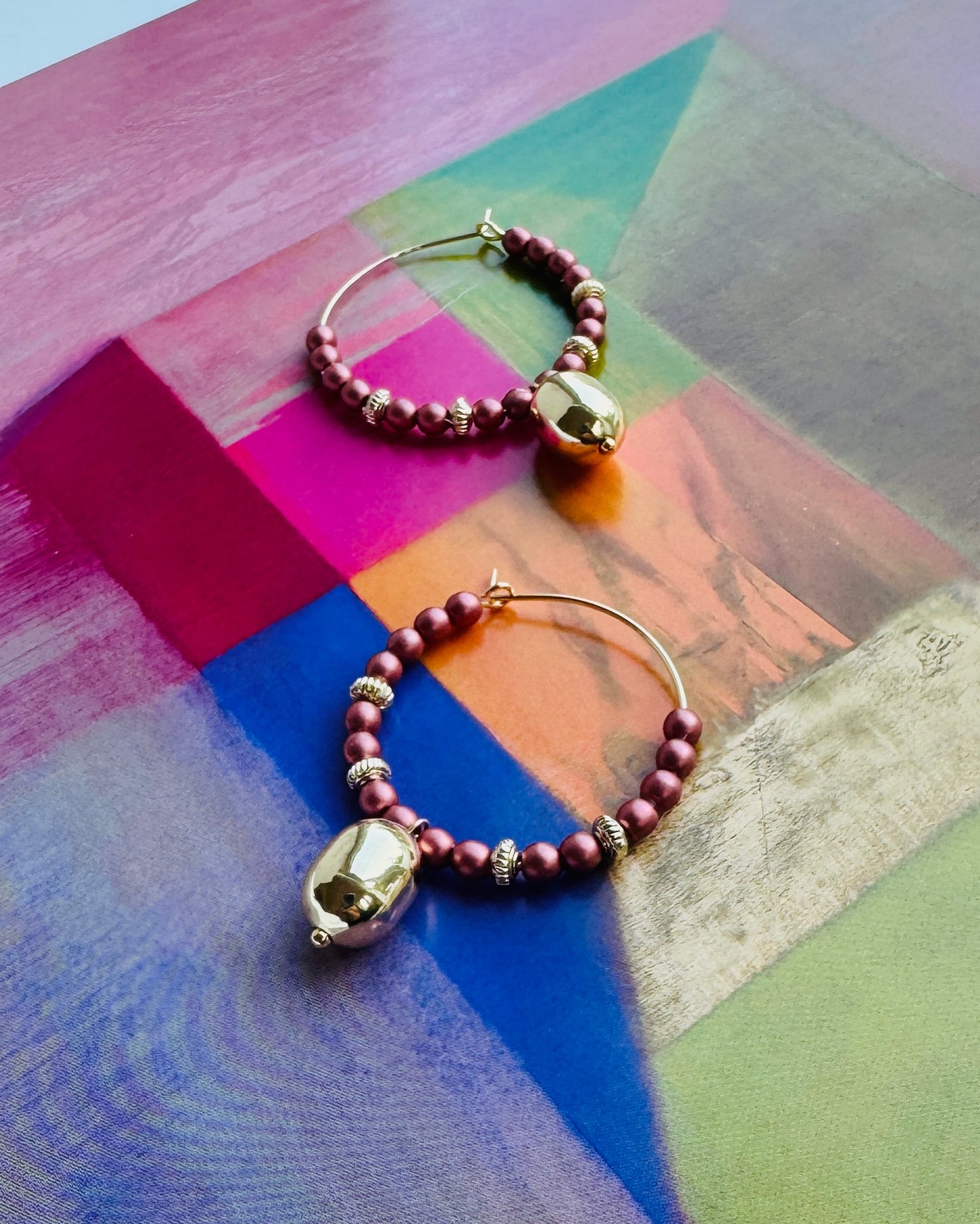 Popsie pie cranberry crystal pearl gold drop hoops