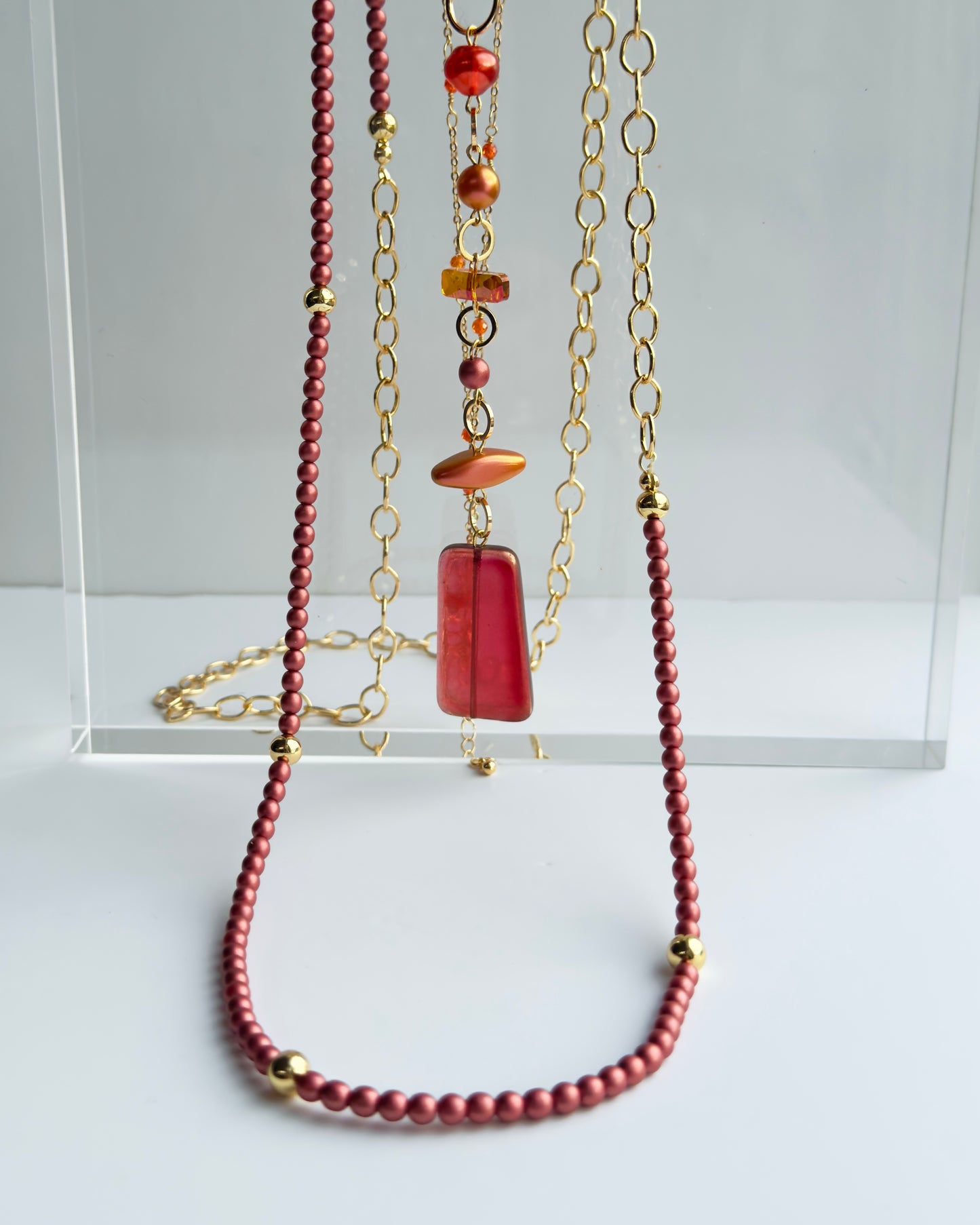 Barberella cranberry pearl gold long multi wear necklace
