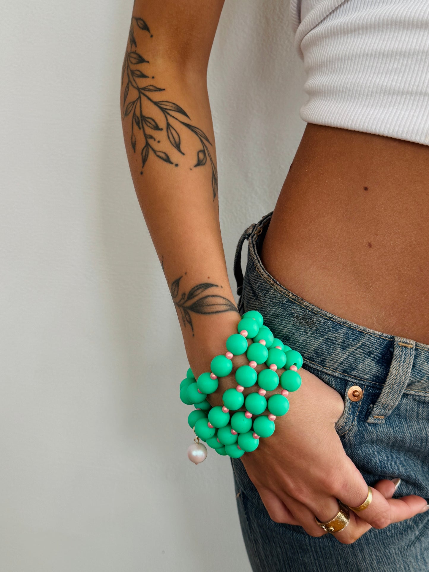 Beau French Green, dusty pink pearl bracelet soft pink pearl charm