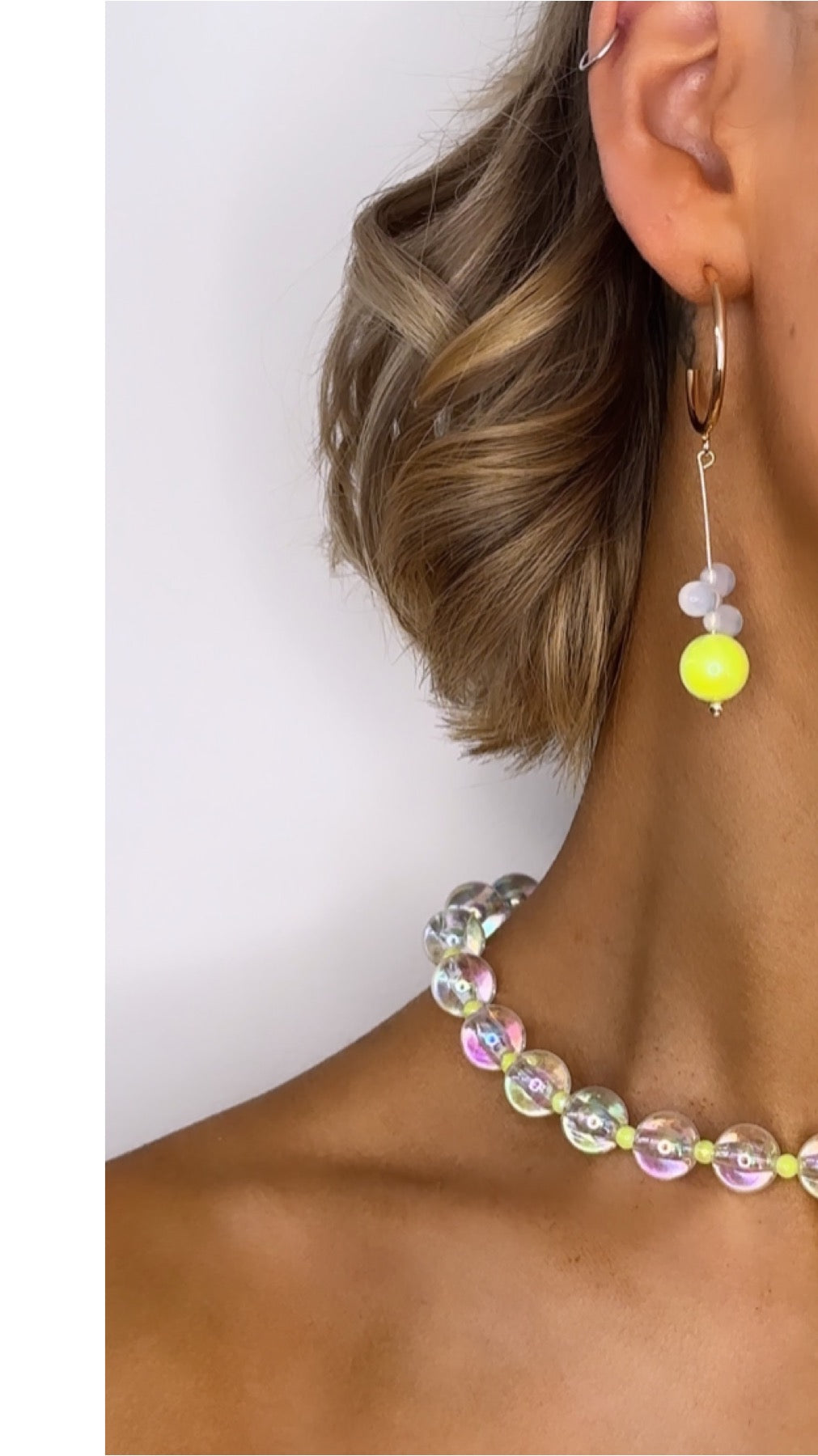 Emilia neon lemon + smoky opal drop gold hoops