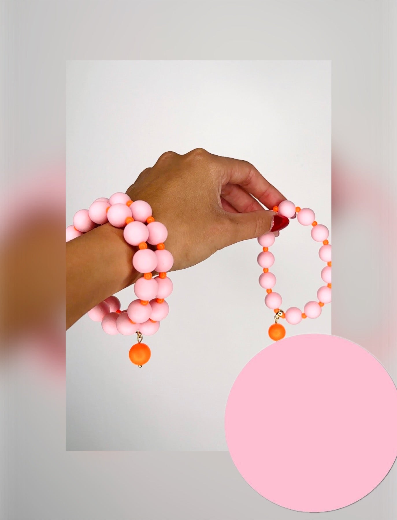 Beau bracelet in pink + orange, neon orange crystal pearl charm