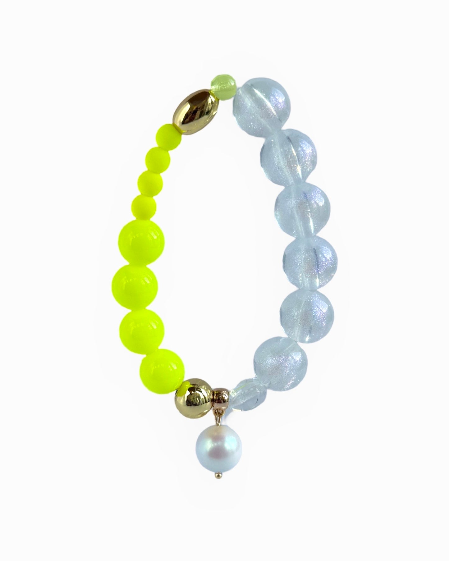 Tweety pie neon yellow, snowdrop gold, crystal beaded bracelet, drop crystal pearl charm