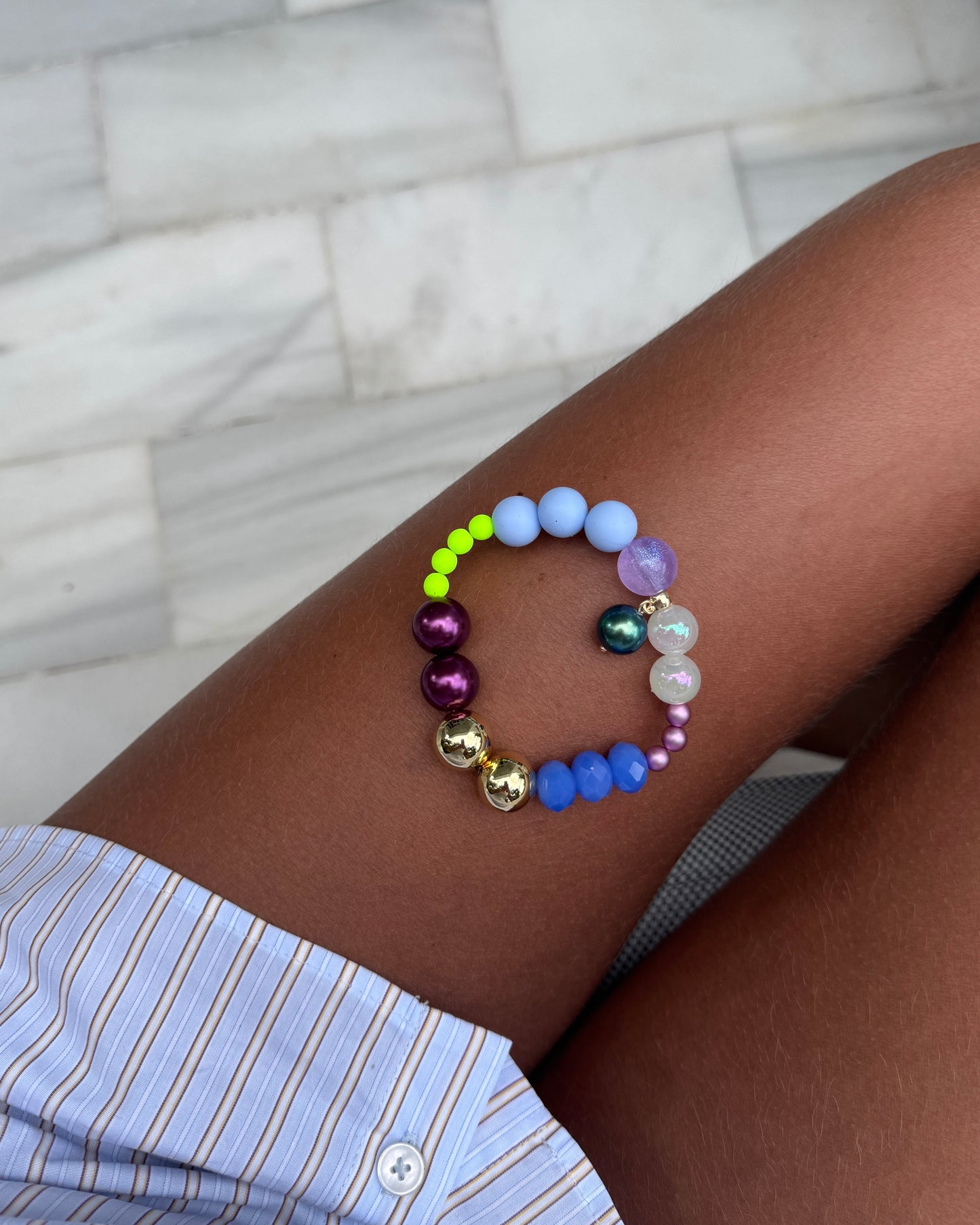 Bluebell lime swirl summer Sunday bracelet, crystal pearl drop charm