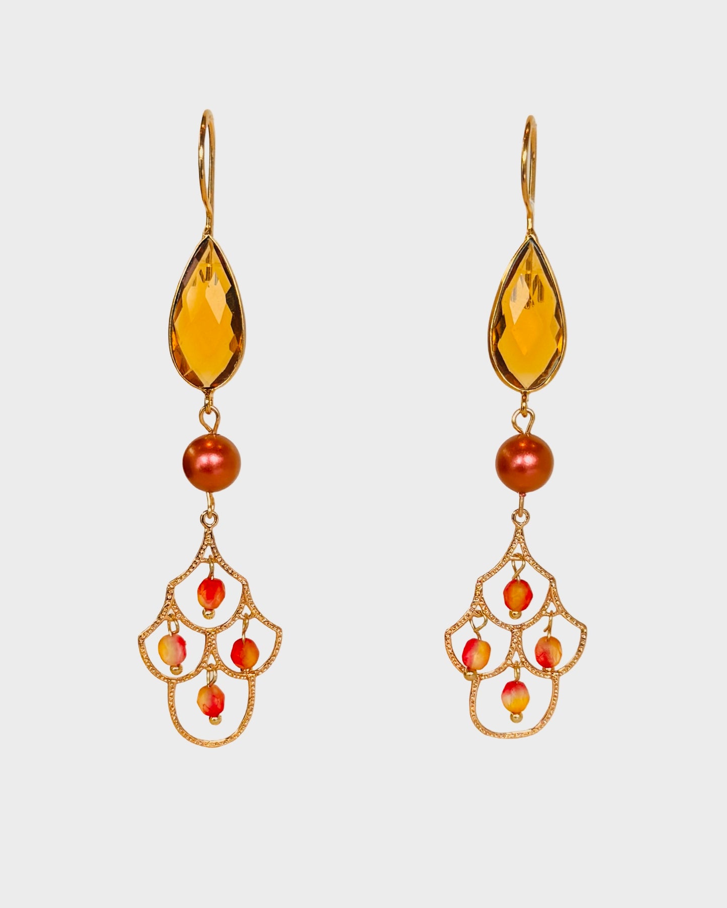 Bombay drop semi precious gem earrings in burnished orange