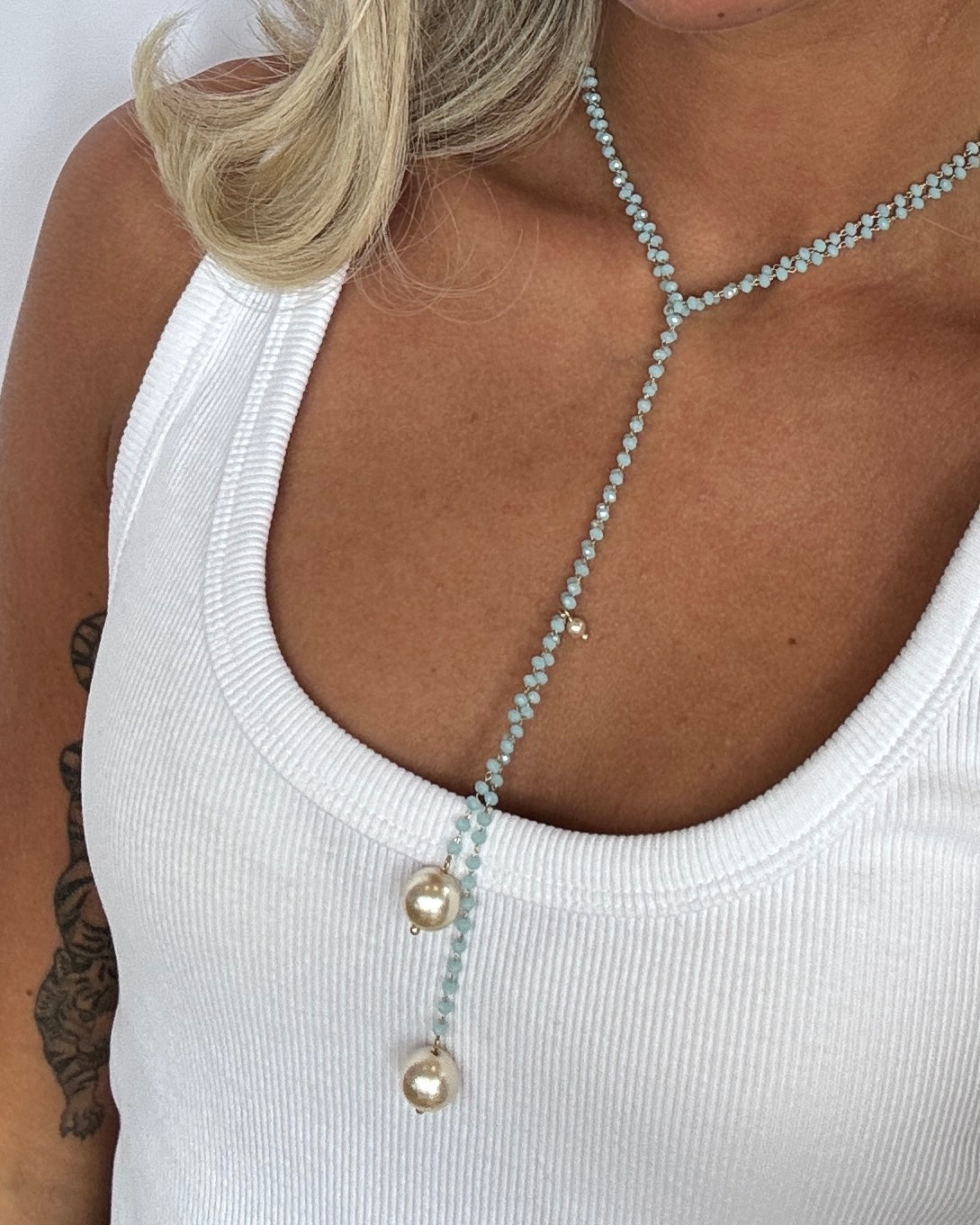 Lia soft turquoise + pearl drop necklace