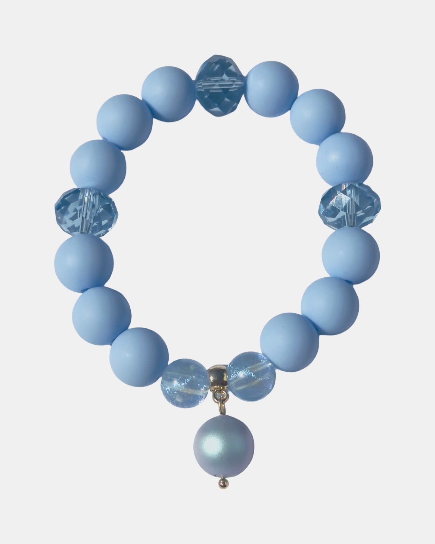 Crumpet Soft blue beaded + crystal bracelet, crystal pearl gold charm