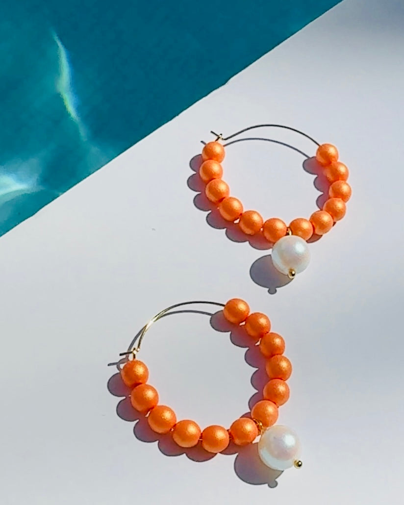 Iridescent tangerine crystal pearl drop hoops