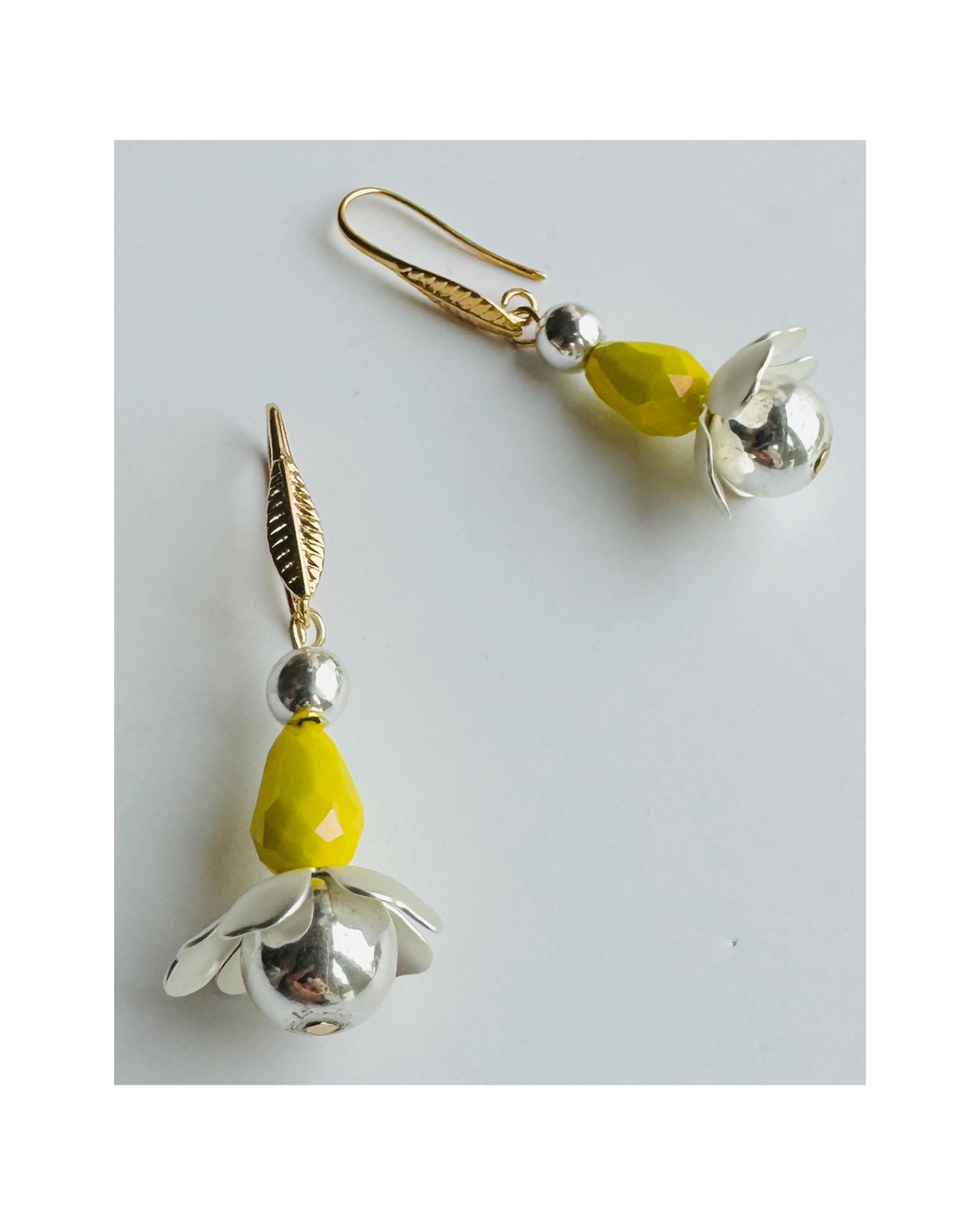 Dora yellow, silver + gold drop earrings