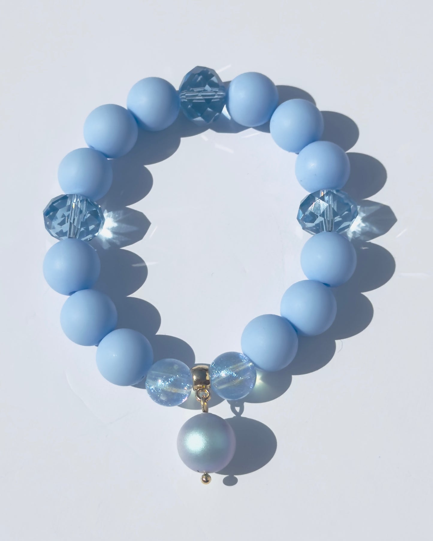 Crumpet Soft blue beaded + crystal bracelet, crystal pearl gold charm