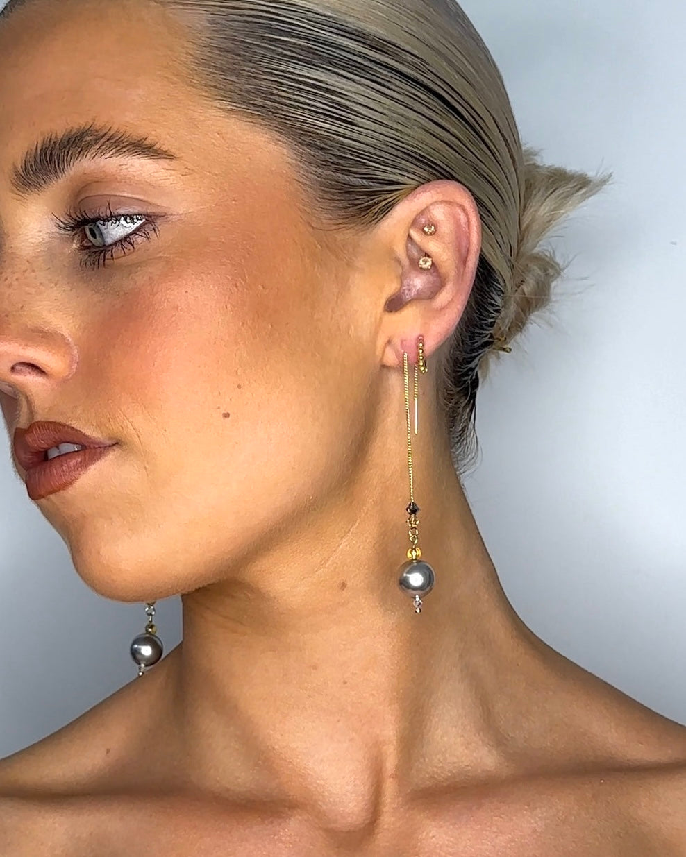 Petra Silver crystal pearl drop threader earrings