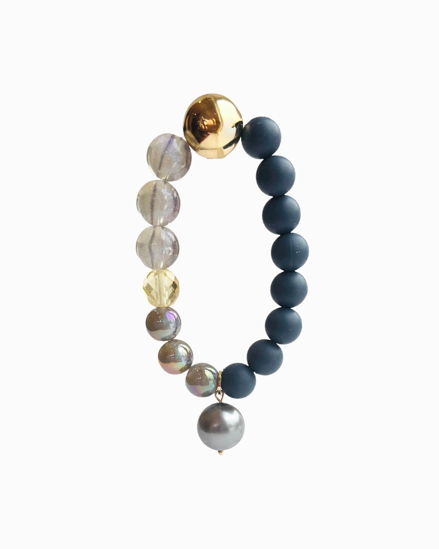Juju glint navy, lemon, gold beaded bracelet, crystal pearl charm