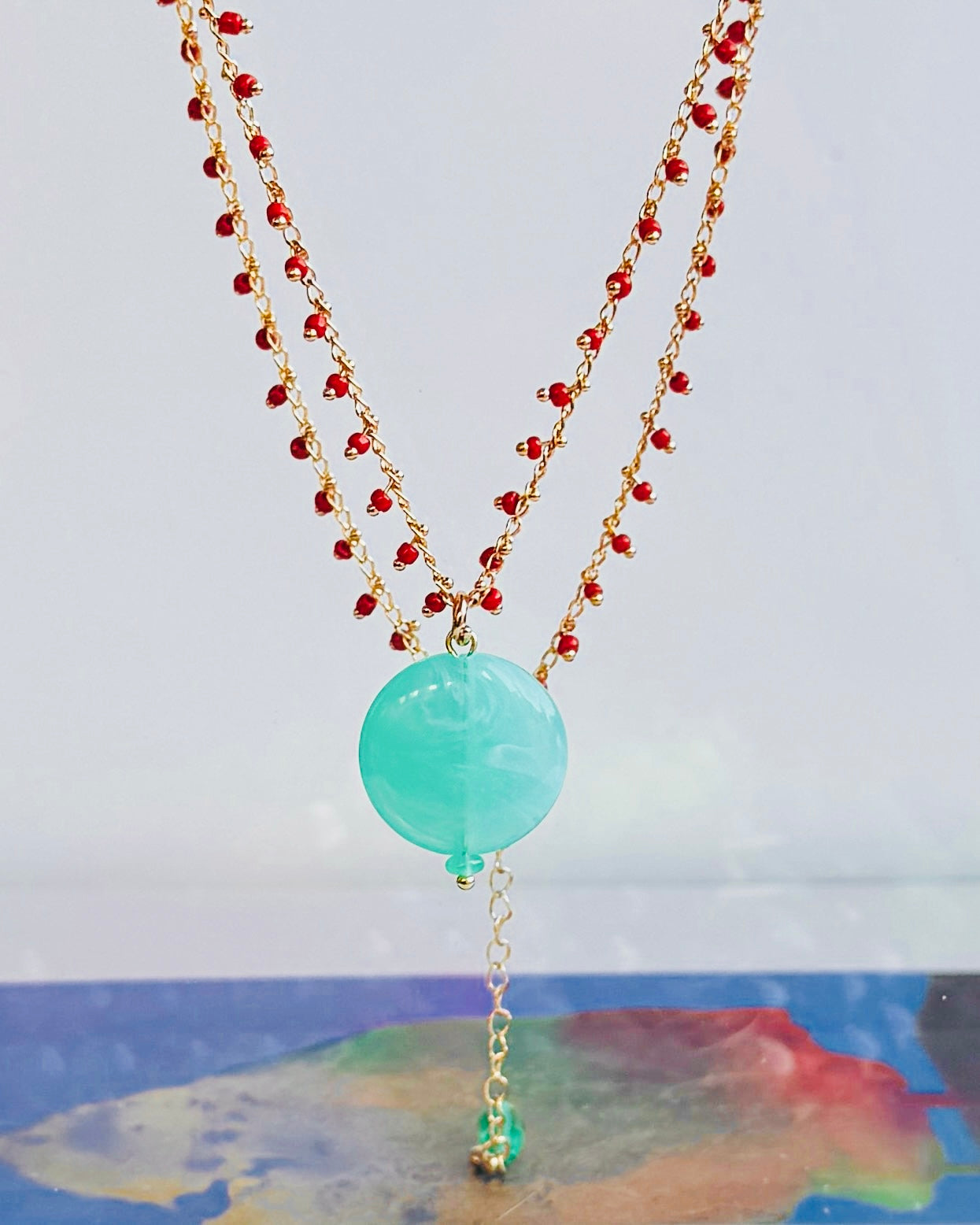 Symi red quartz + turquoise beaded necklace