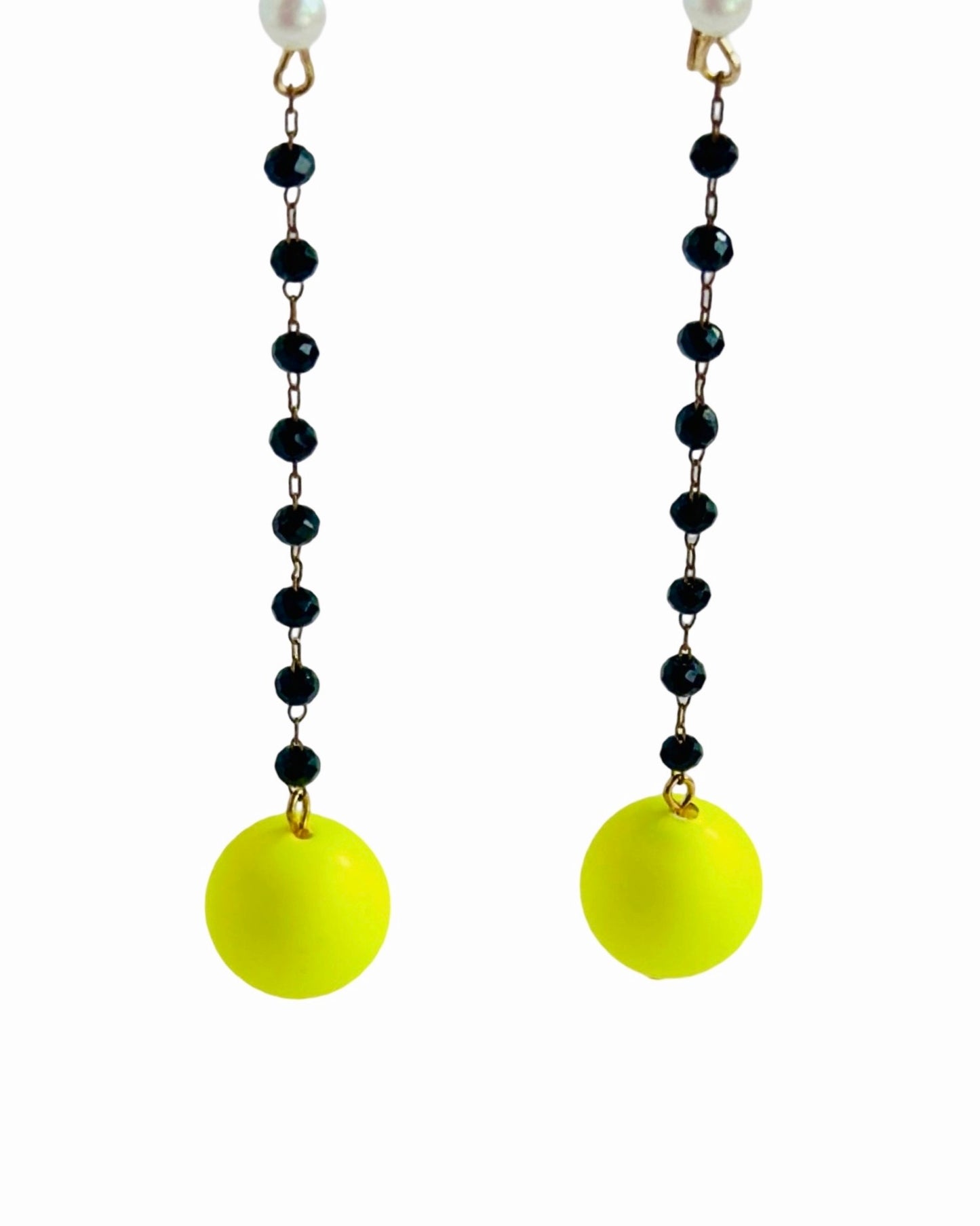 Lila black + neon yellow + pearl drop earrings