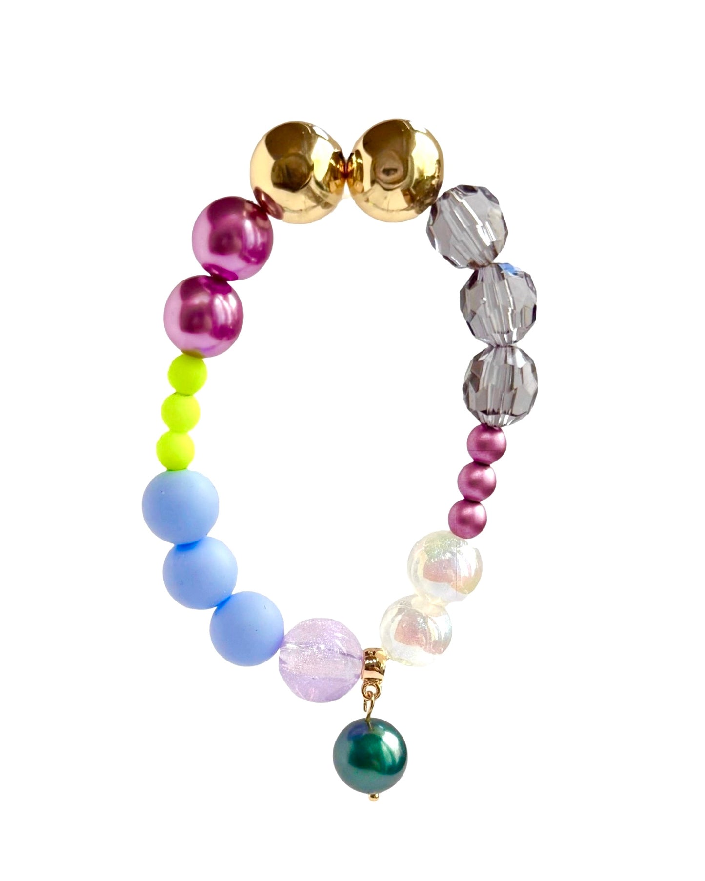 Mimi luxe grape, neon pop crystal, gold beaded bracelet, drop crystal pearl charm