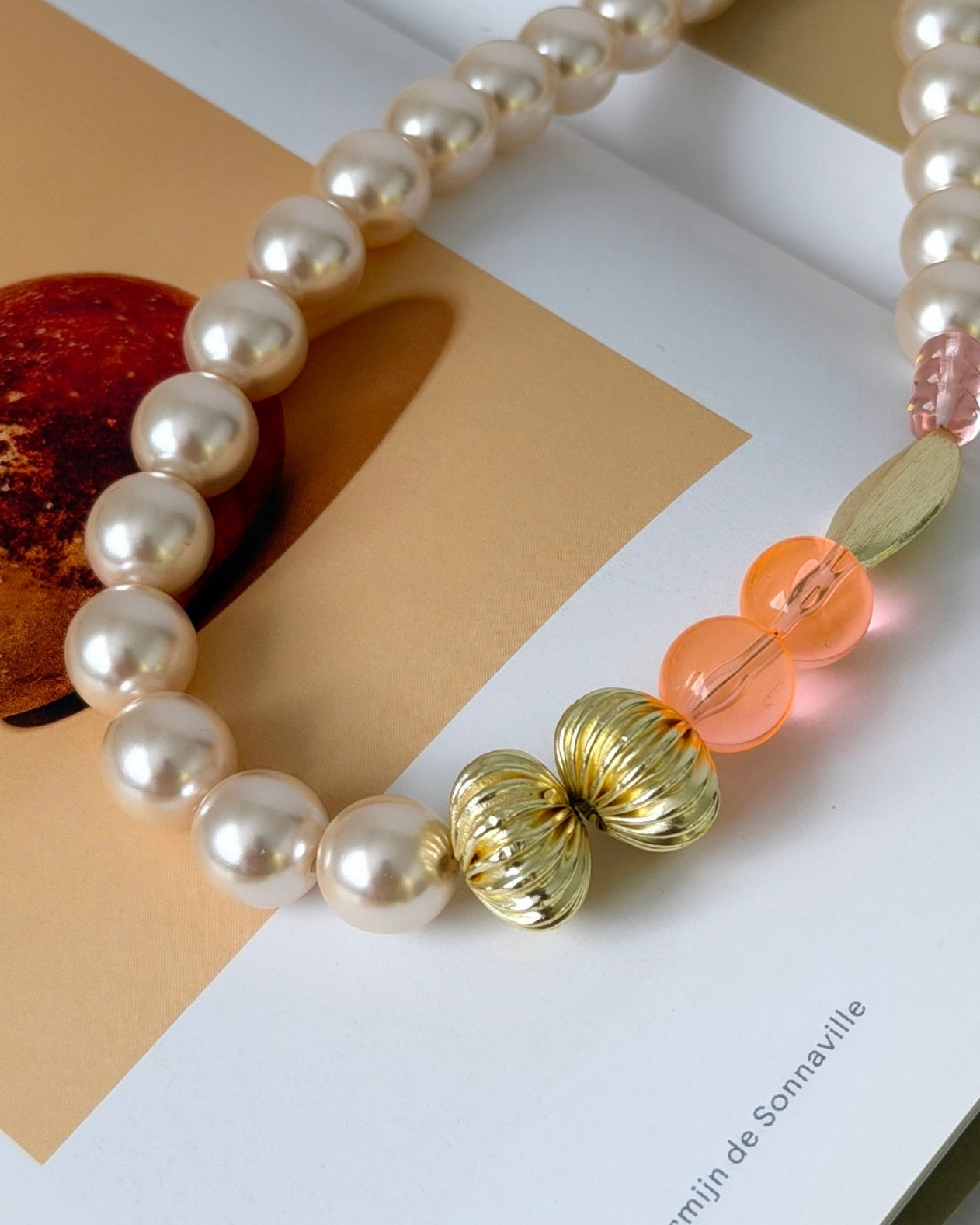 Petula softest pink crystal pearl, soft neon pop peach + gold necklace